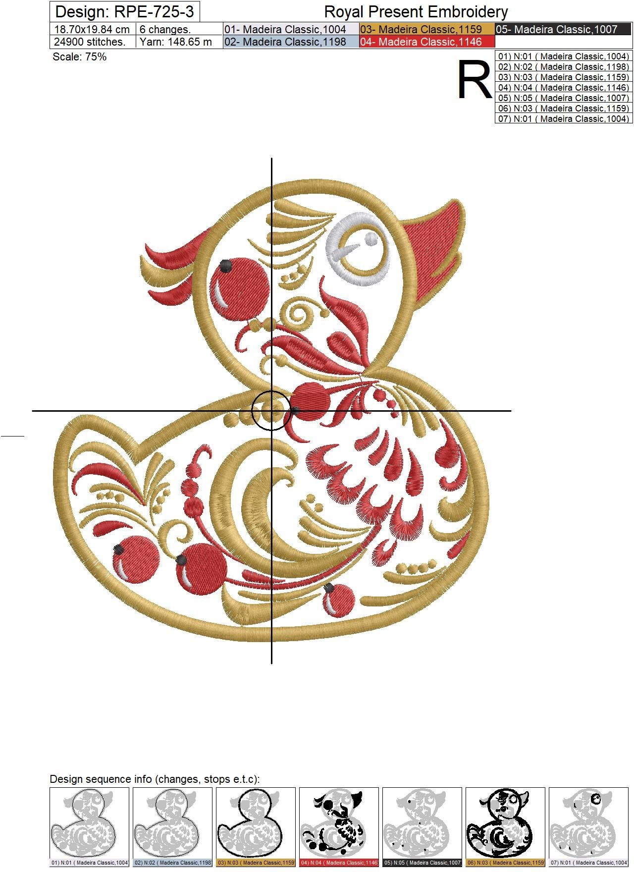 Applique Machine Embroidery Design Yellow duck in Khokhloma style - 4 sizes
