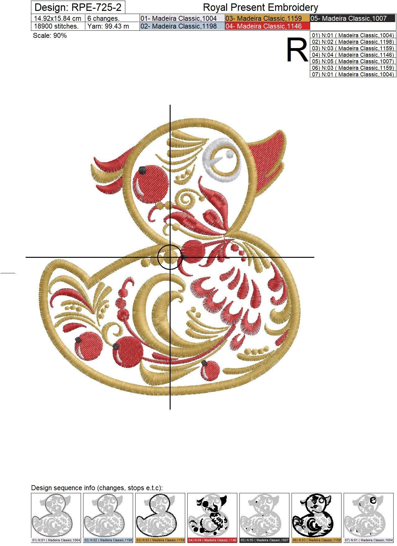 Applique Machine Embroidery Design Yellow duck in Khokhloma style - 4 sizes