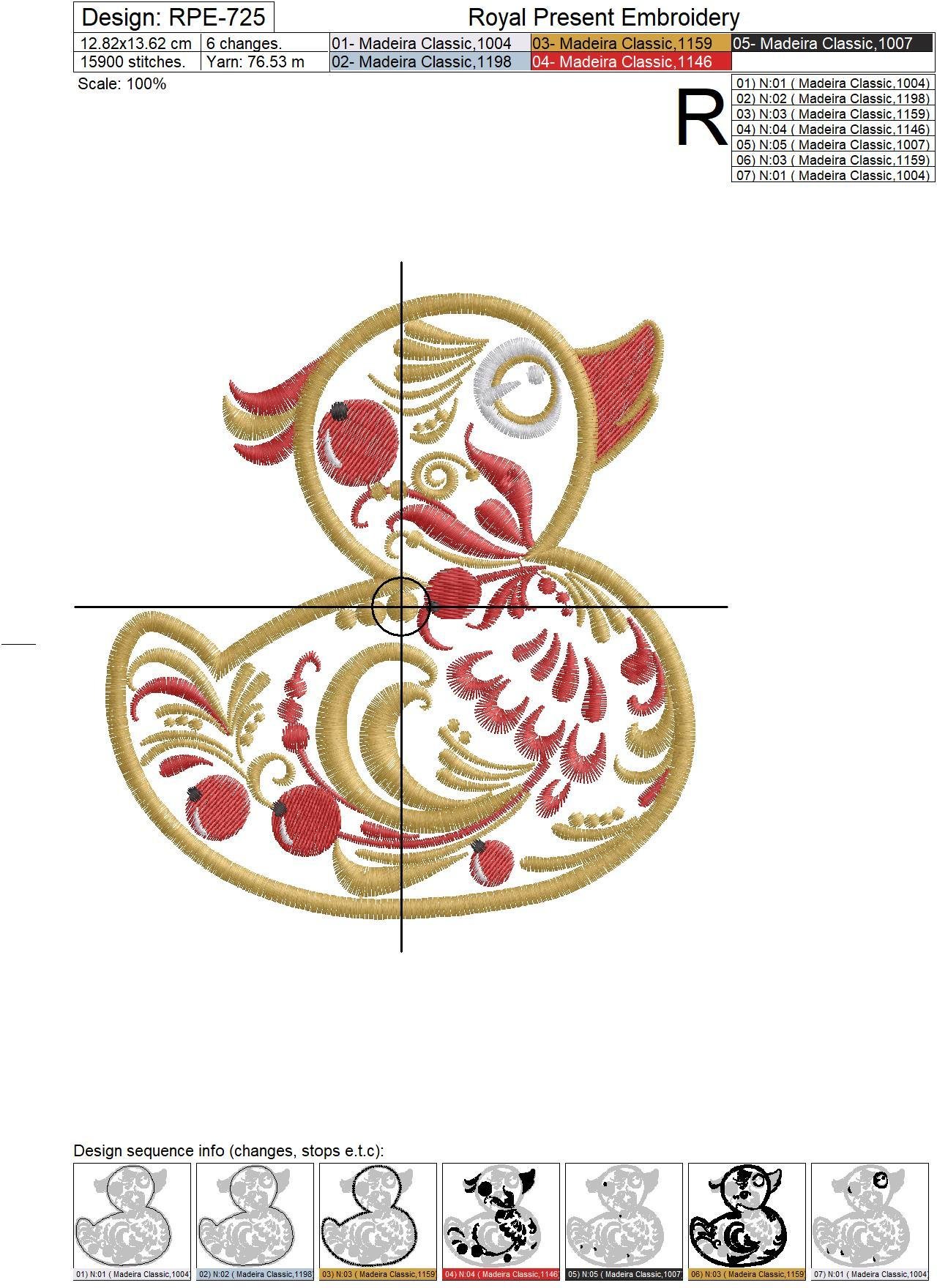 Applique Machine Embroidery Design Yellow duck in Khokhloma style - 4 sizes