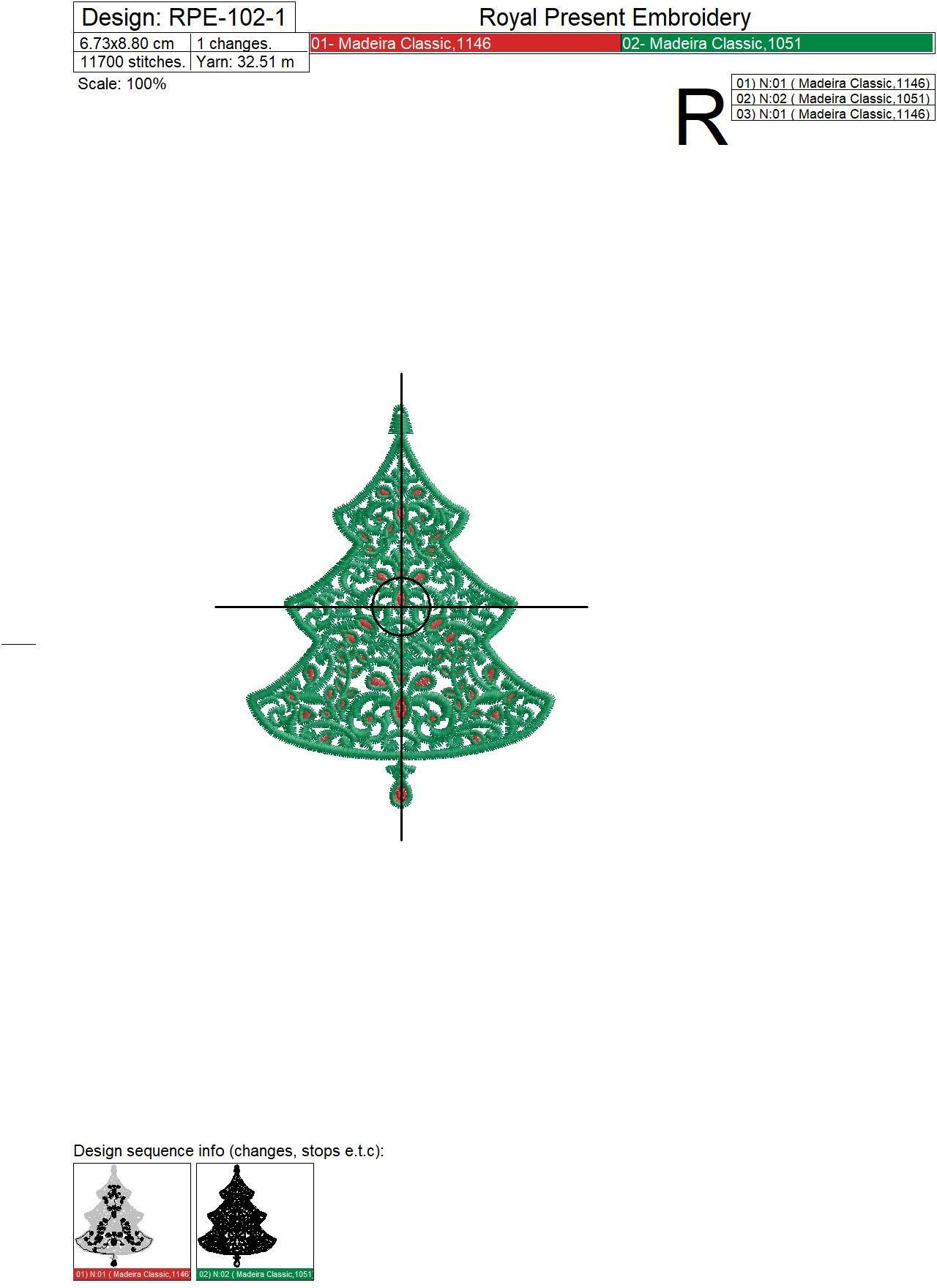Machine Embroidery Design Christmas tree with rubies - 7 sizes