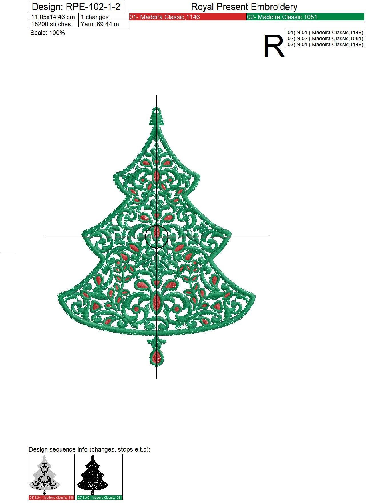 Machine Embroidery Design Christmas tree with rubies - 7 sizes