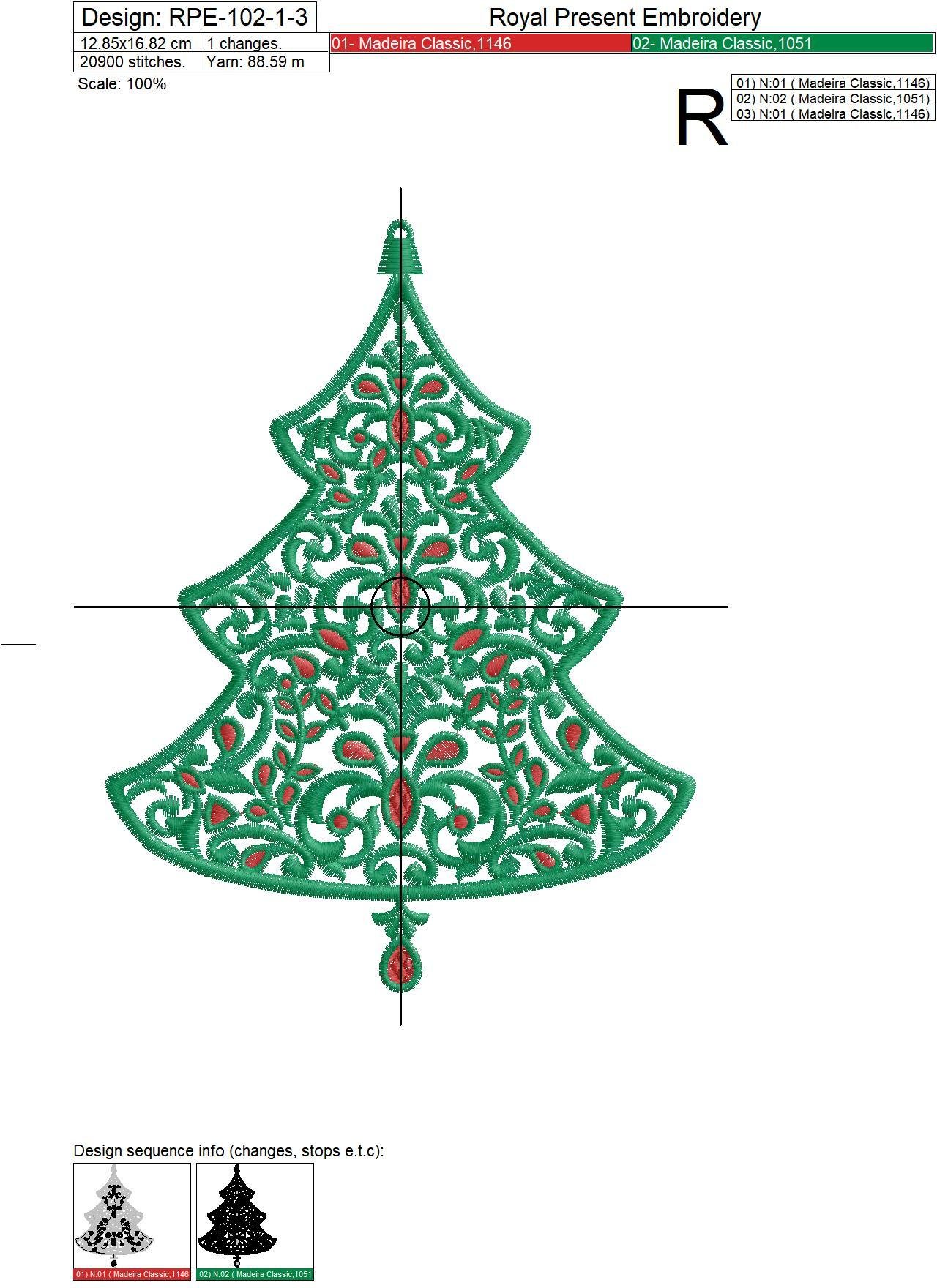 Machine Embroidery Design Christmas tree with rubies - 7 sizes