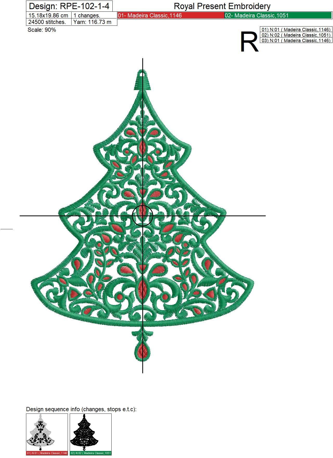 Machine Embroidery Design Christmas tree with rubies - 7 sizes