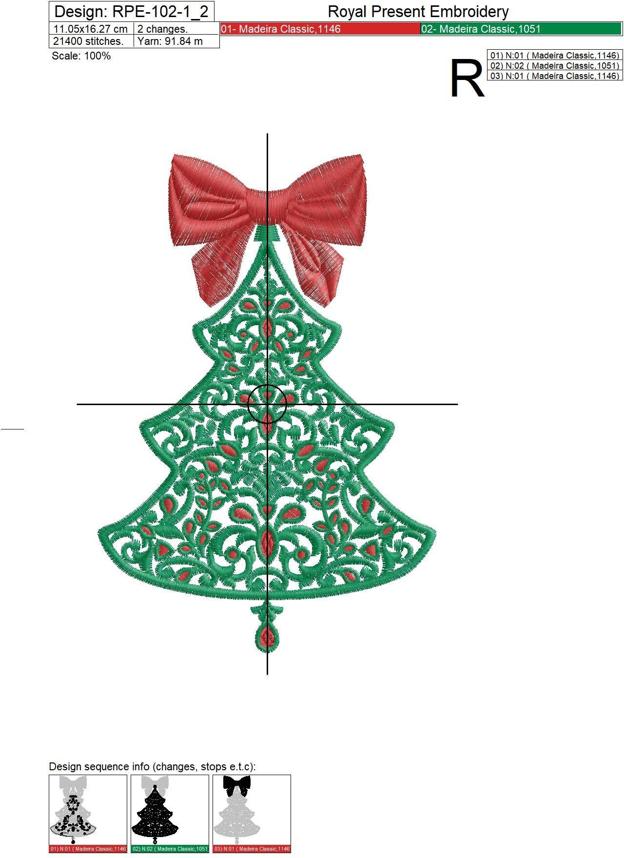 Machine Embroidery Design Christmas tree with rubies - 7 sizes