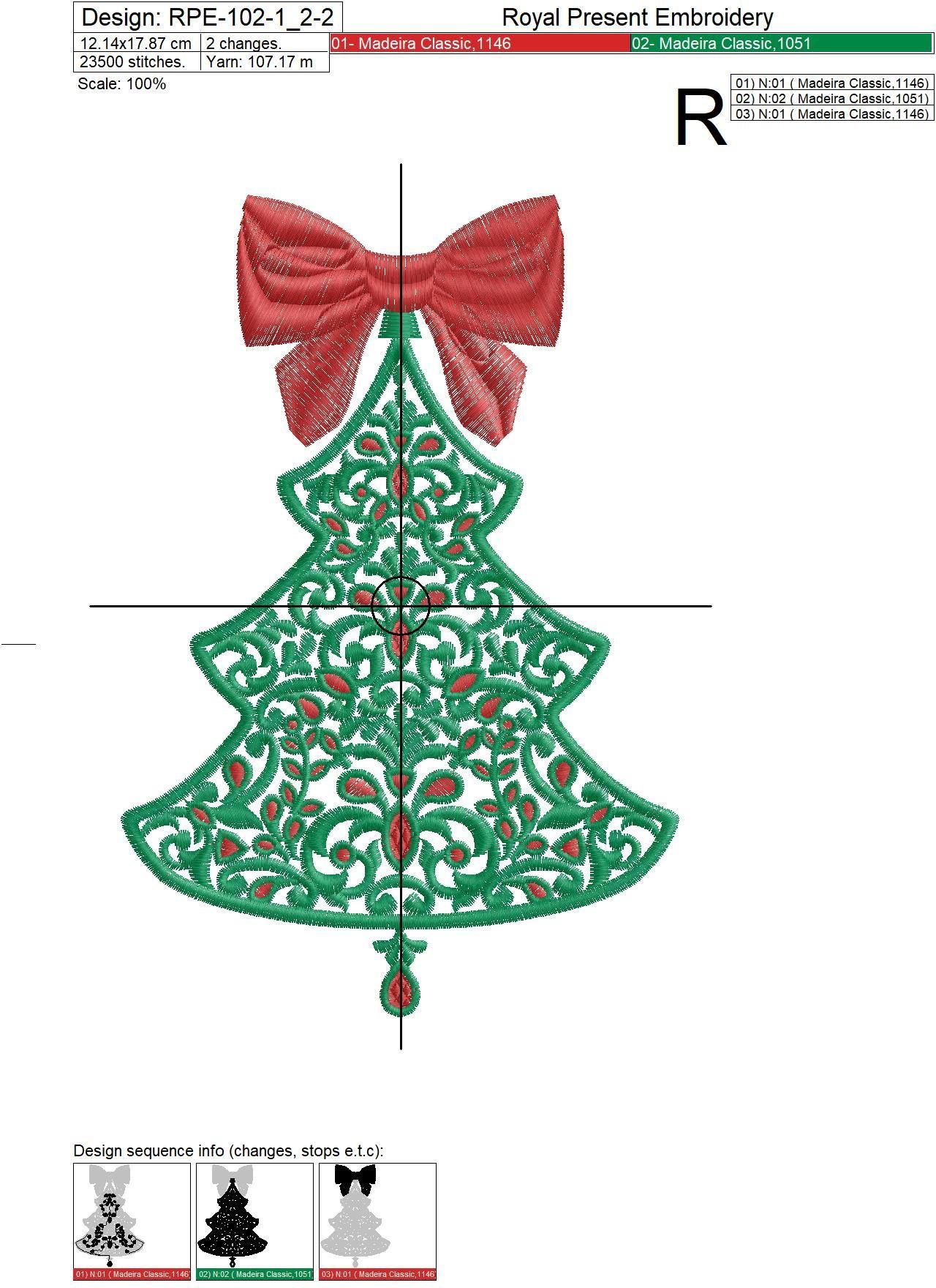 Machine Embroidery Design Christmas tree with rubies - 7 sizes