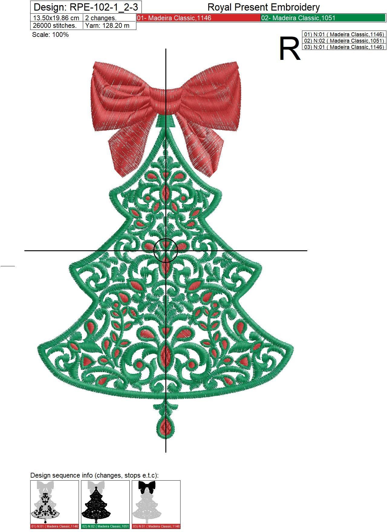 Machine Embroidery Design Christmas tree with rubies - 7 sizes