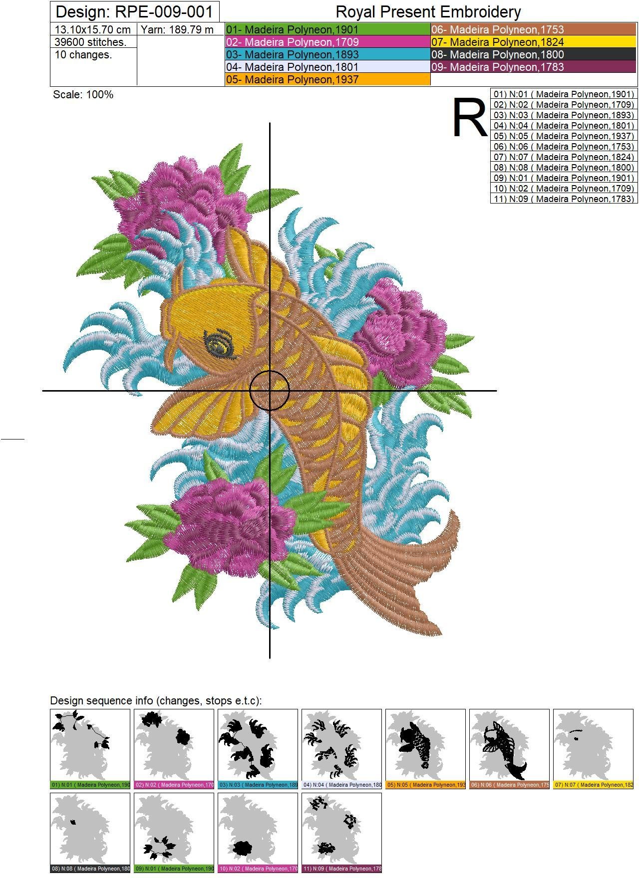 Machine Embroidery Design Tattoo Koi Fish - 4 sizes