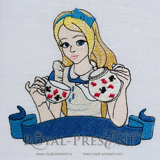 Machine Embroidery Design Alice pours a cup of tea from the kettle - 2 sizes RPE-009