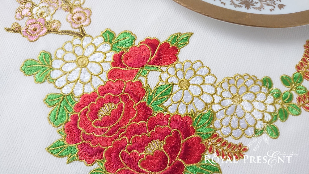 Corner Machine Embroidery Design Bouquet of Peonies - 3 sizes