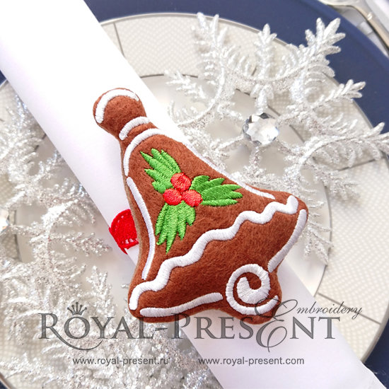 In The Hoop napkin ring Machine Embroidery Design Gingerbread Bell Free RPE-1226