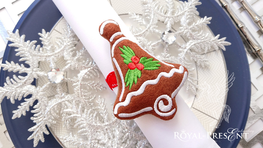 In The Hoop napkin ring Machine Embroidery Design Gingerbread Bell Free