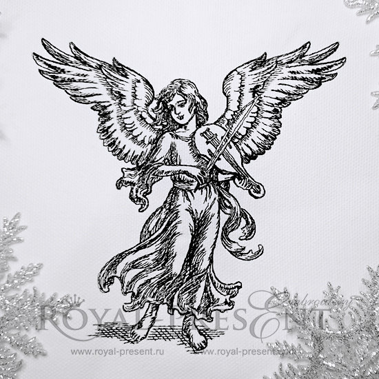 Line Art Machine Embroidery Design Angel with violin RPE-958