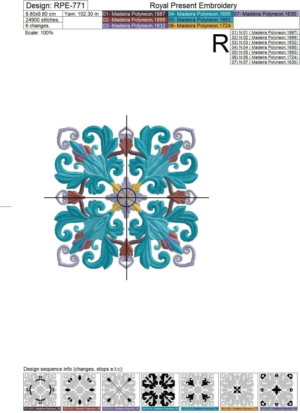 Quilt Block Machine Embroidery Design Peacock Color - 7 sizes