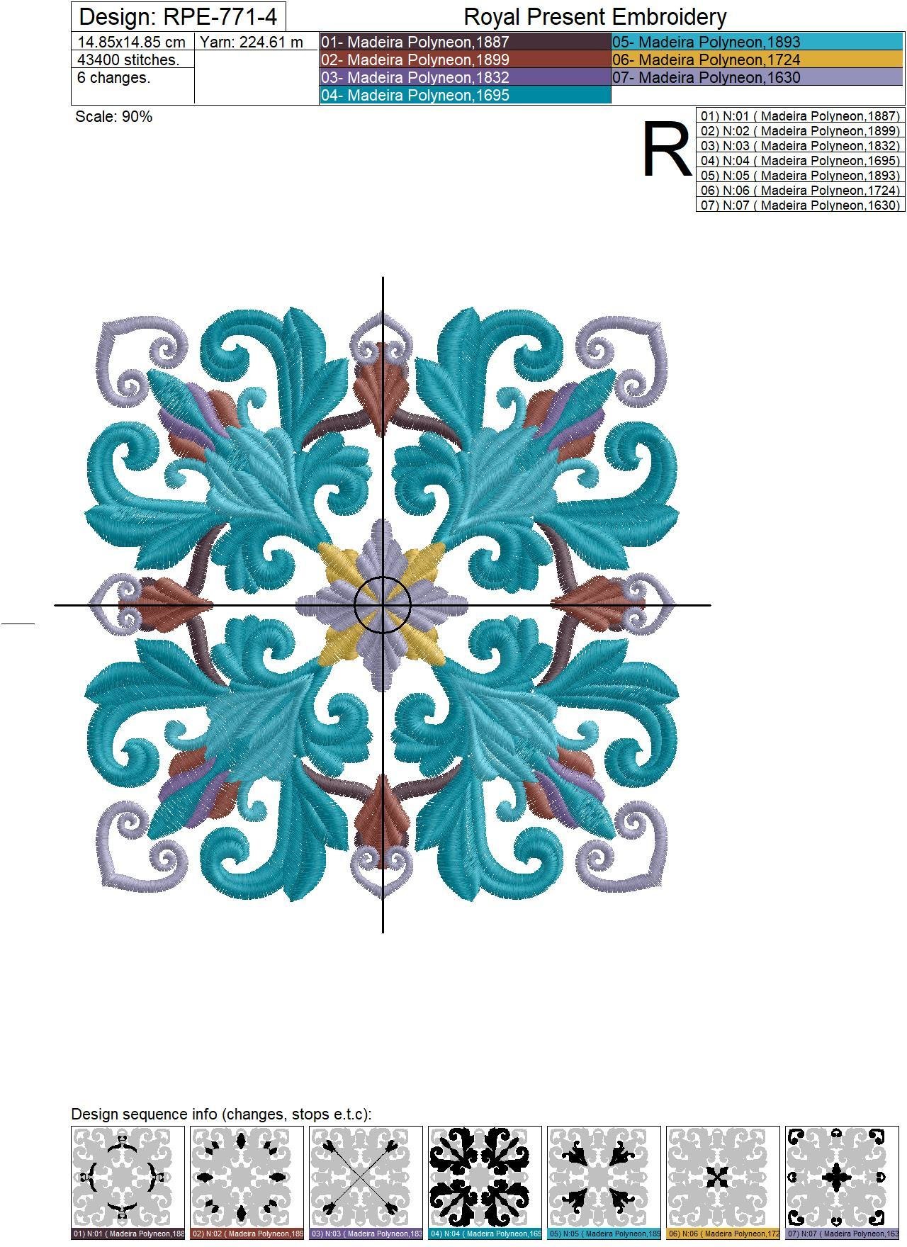 Quilt Block Machine Embroidery Design Peacock Color - 7 sizes