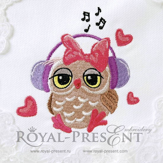 Machine Embroidery Design Cute cartoon Owl Girl with headphones and hearts RPE-1123