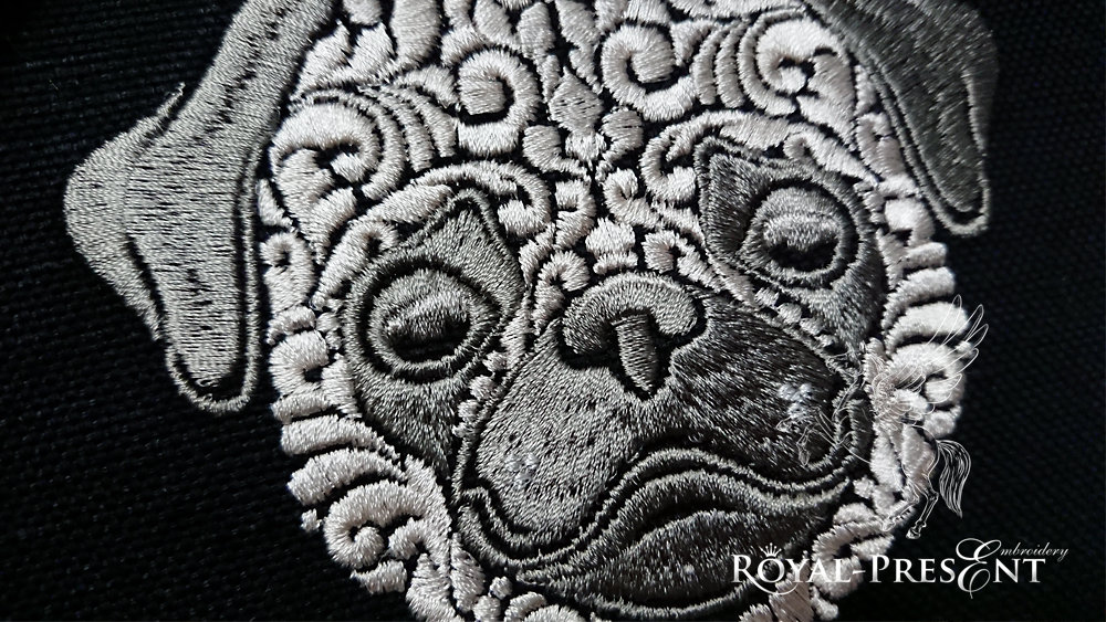 Ornamental Machine Embroidery Design Pug dog - 6 sizes