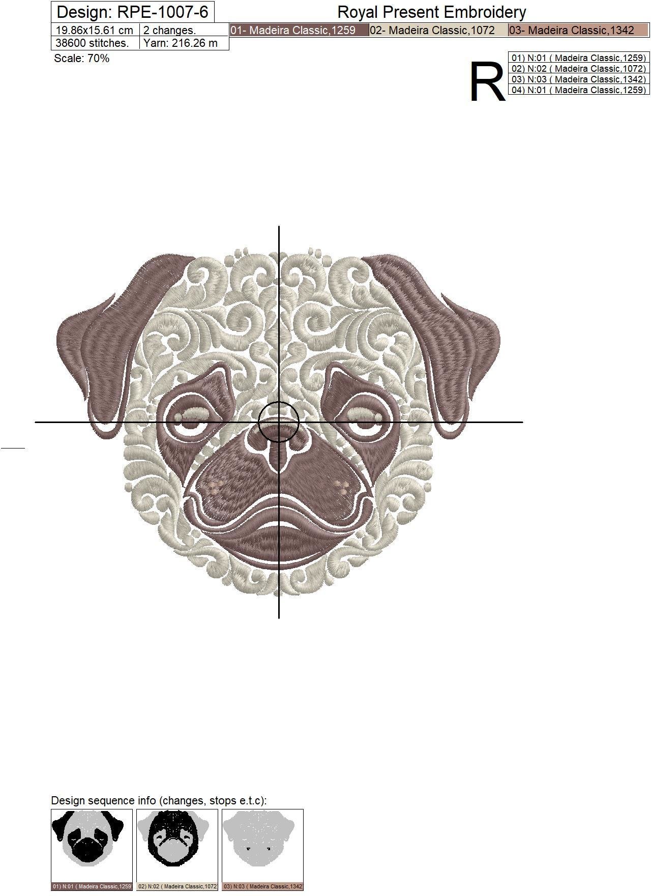 Ornamental Machine Embroidery Design Pug dog - 6 sizes