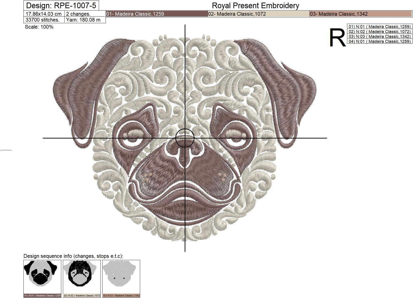 Ornamental Machine Embroidery Design Pug dog - 6 sizes