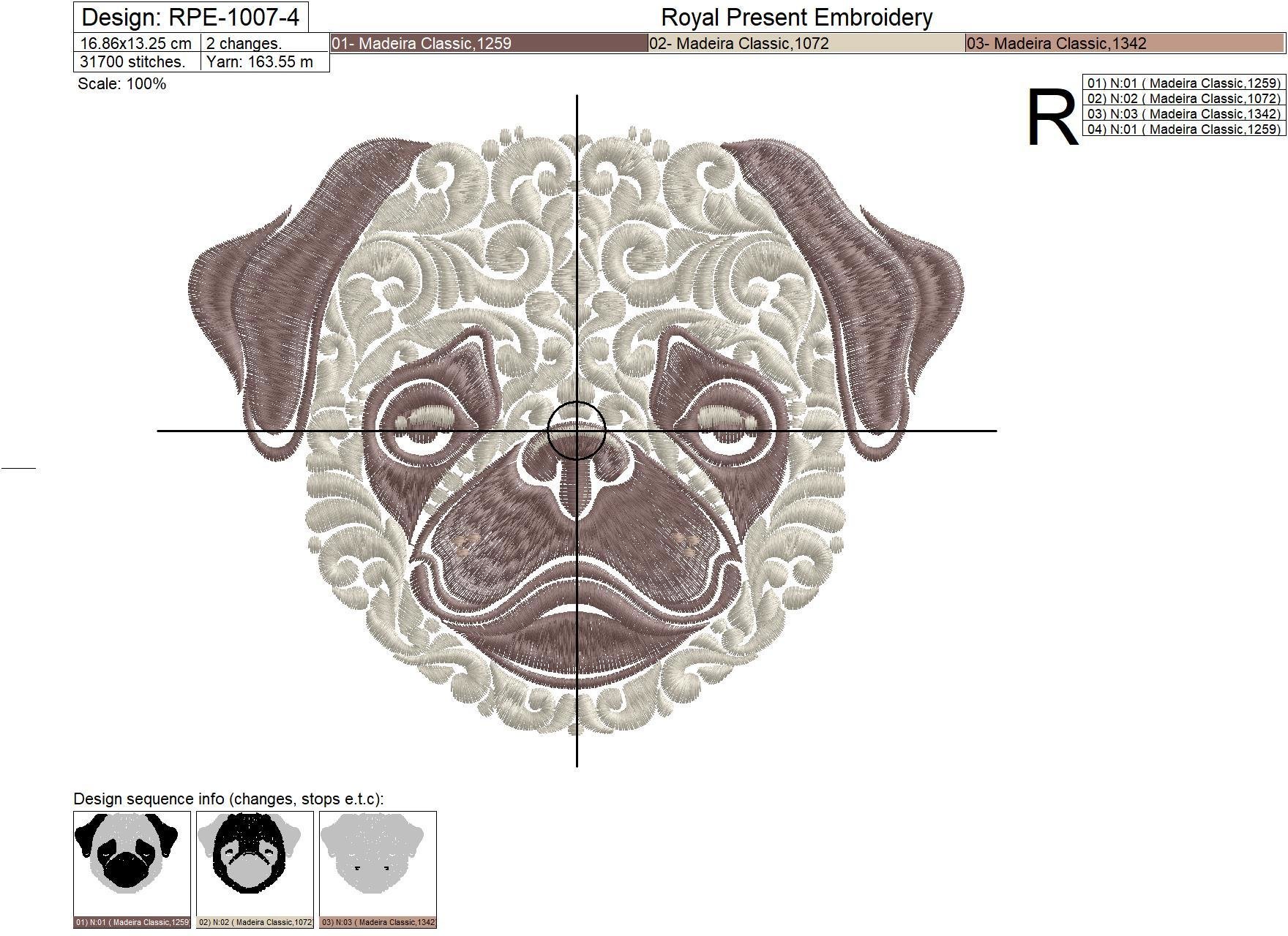 Ornamental Machine Embroidery Design Pug dog - 6 sizes