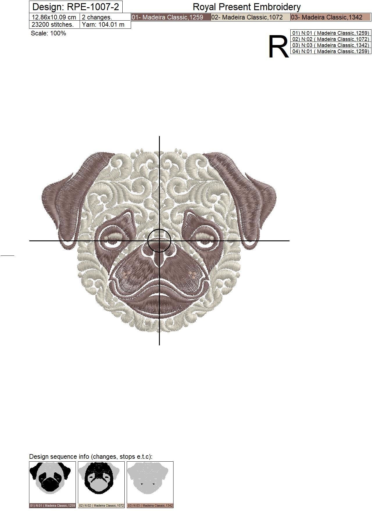 Ornamental Machine Embroidery Design Pug dog - 6 sizes