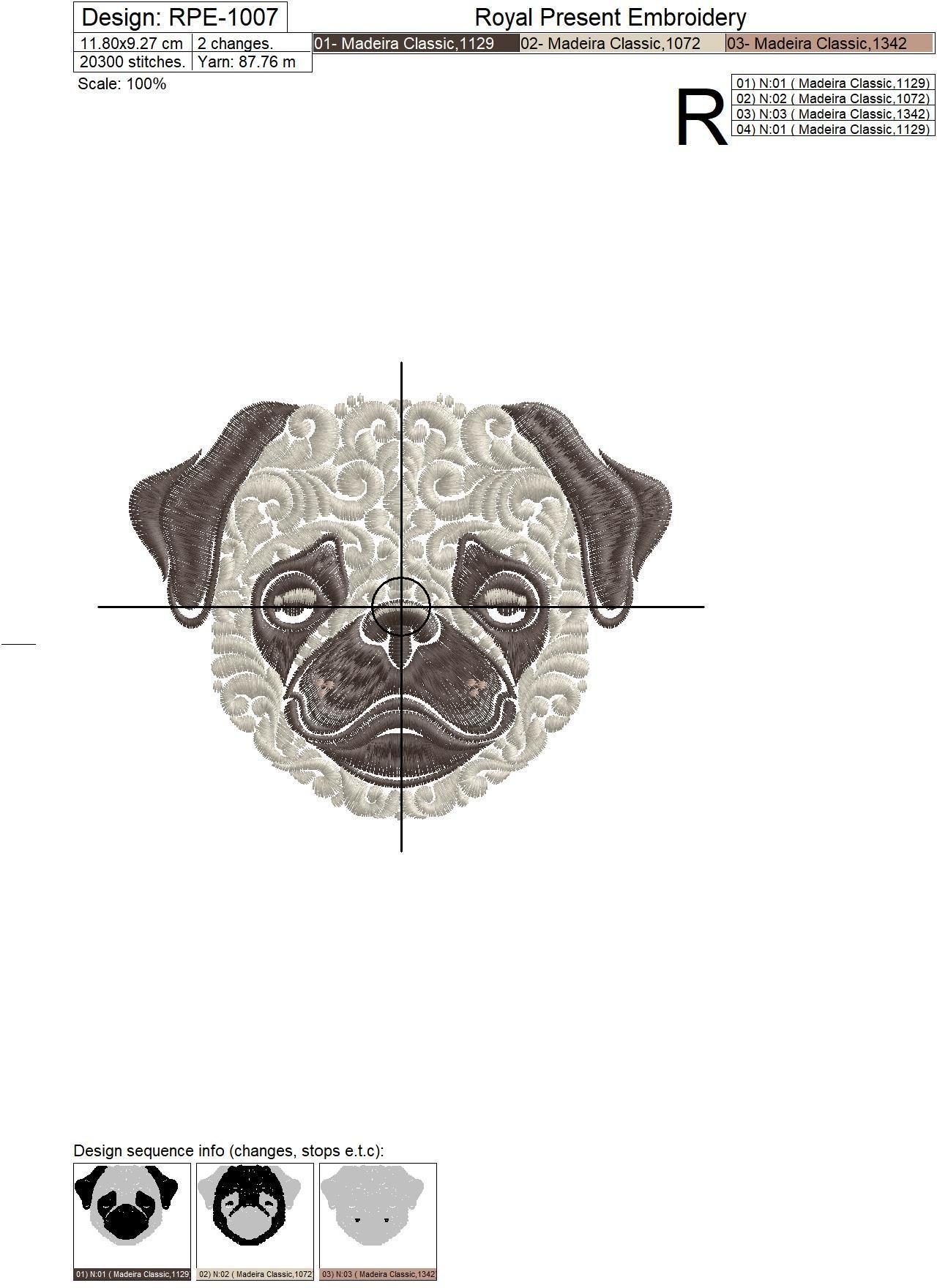 Ornamental Machine Embroidery Design Pug dog - 6 sizes