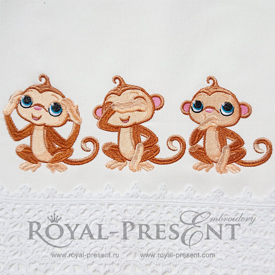 Machine Embroidery Design Three Cute Monkeys - 2 sizes RPE-954