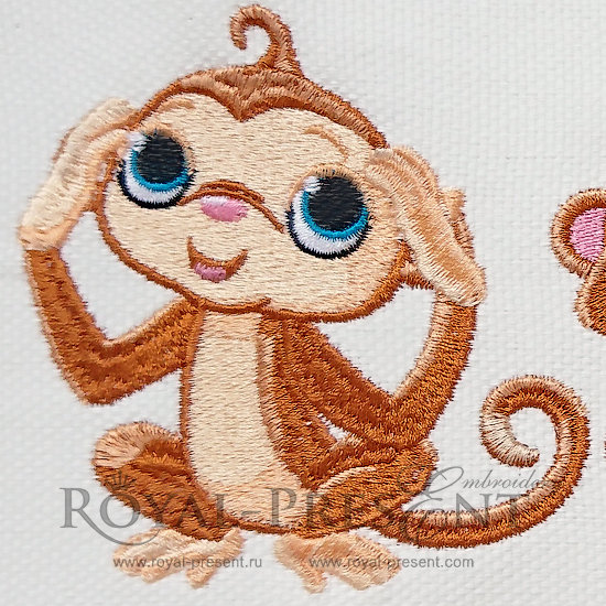 Machine Embroidery Design Three Cute Monkeys - 2 sizes