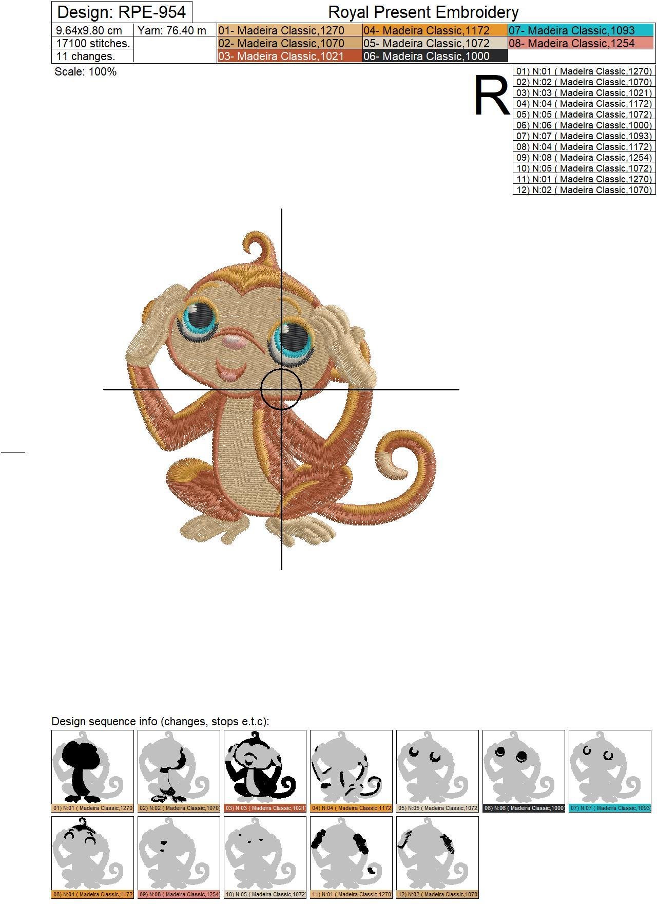 Machine Embroidery Design Three Cute Monkeys - 2 sizes