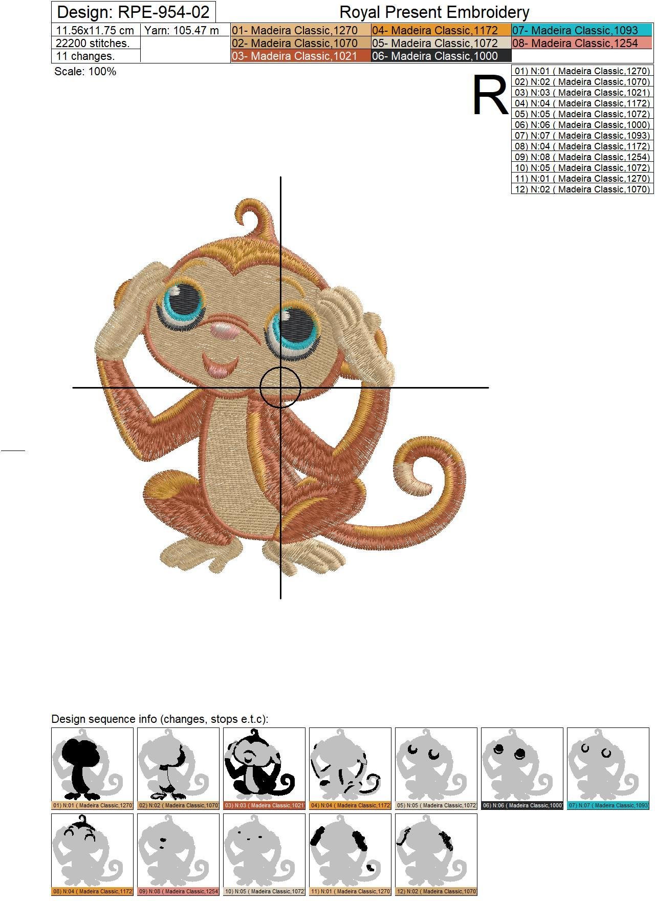 Machine Embroidery Design Three Cute Monkeys - 2 sizes