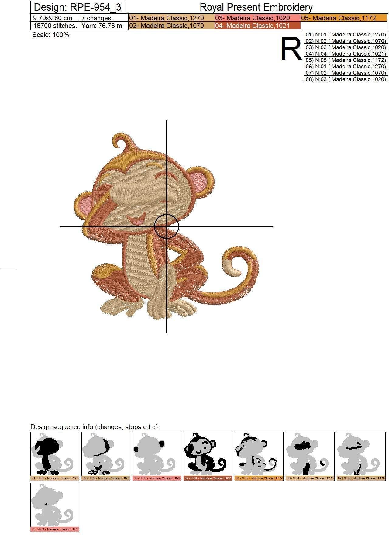 Machine Embroidery Design Three Cute Monkeys - 2 sizes