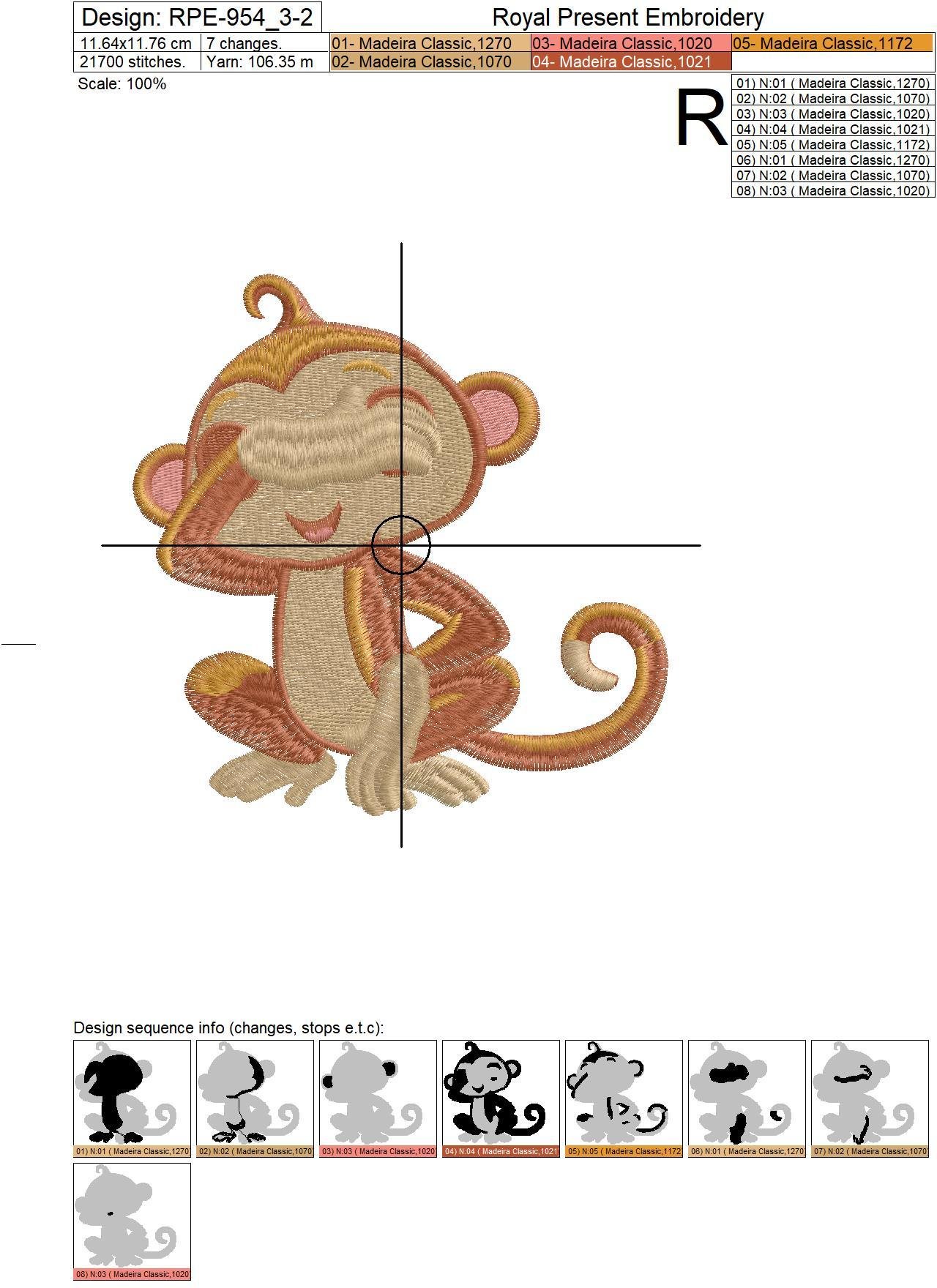 Machine Embroidery Design Three Cute Monkeys - 2 sizes