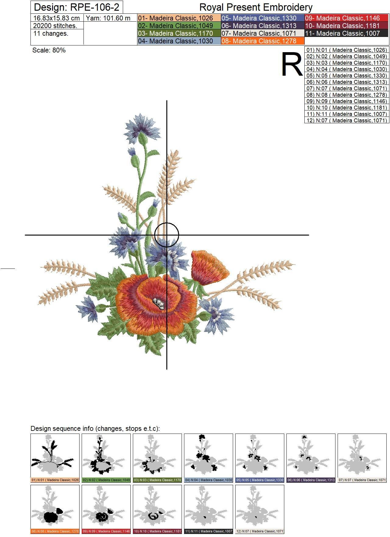 Estonian Machine Embroidery Design Bouquet of poppies - 3 sizes