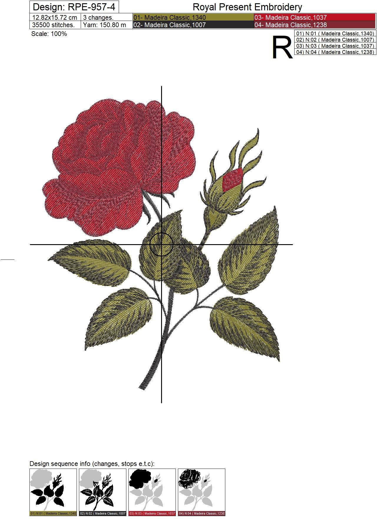 Machine Embroidery Design Vintage rose flower - 4 sizes