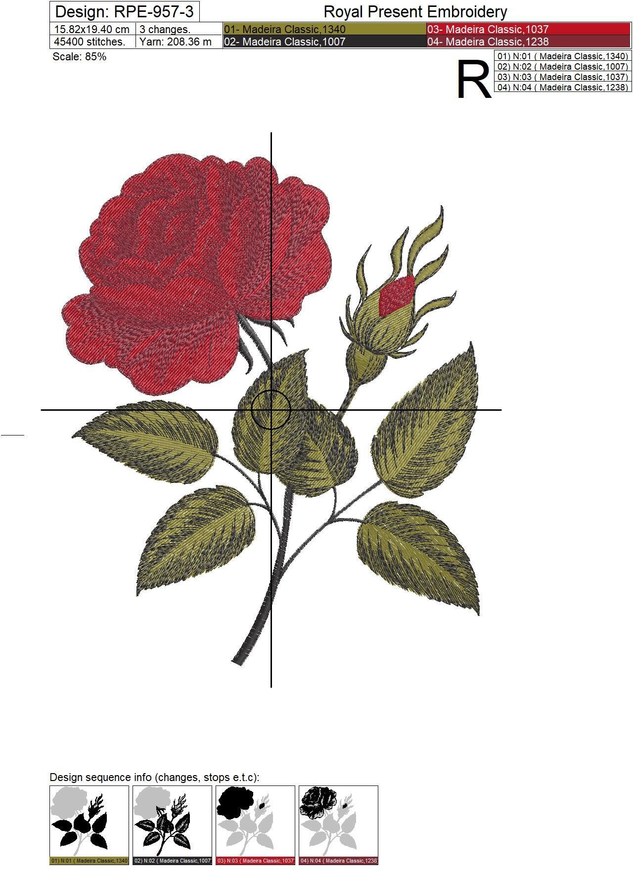 Machine Embroidery Design Vintage rose flower - 4 sizes