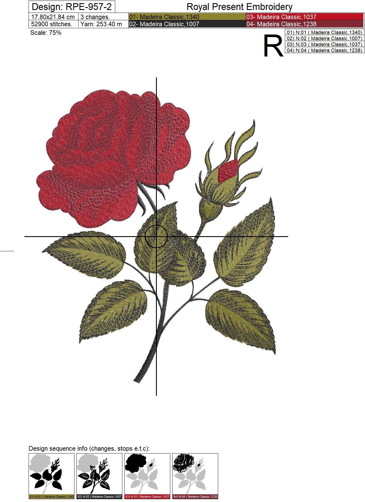 Machine Embroidery Design Vintage rose flower - 4 sizes