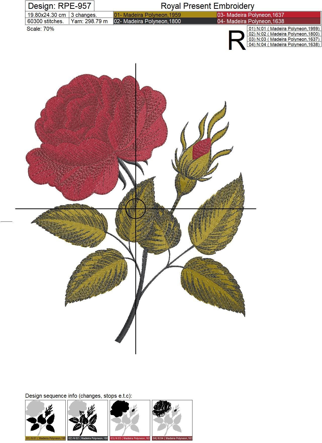 Machine Embroidery Design Vintage rose flower - 4 sizes