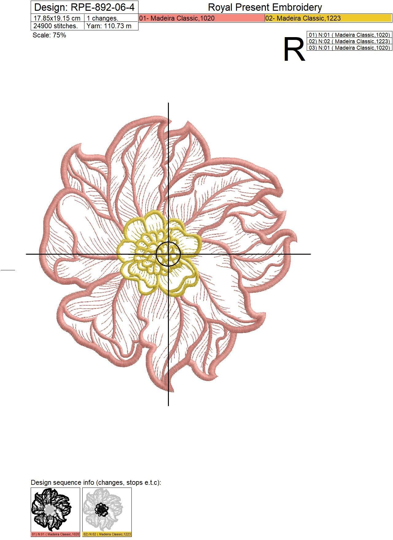 Contour Pink Peony Machine Embroidery Design - 5 sizes