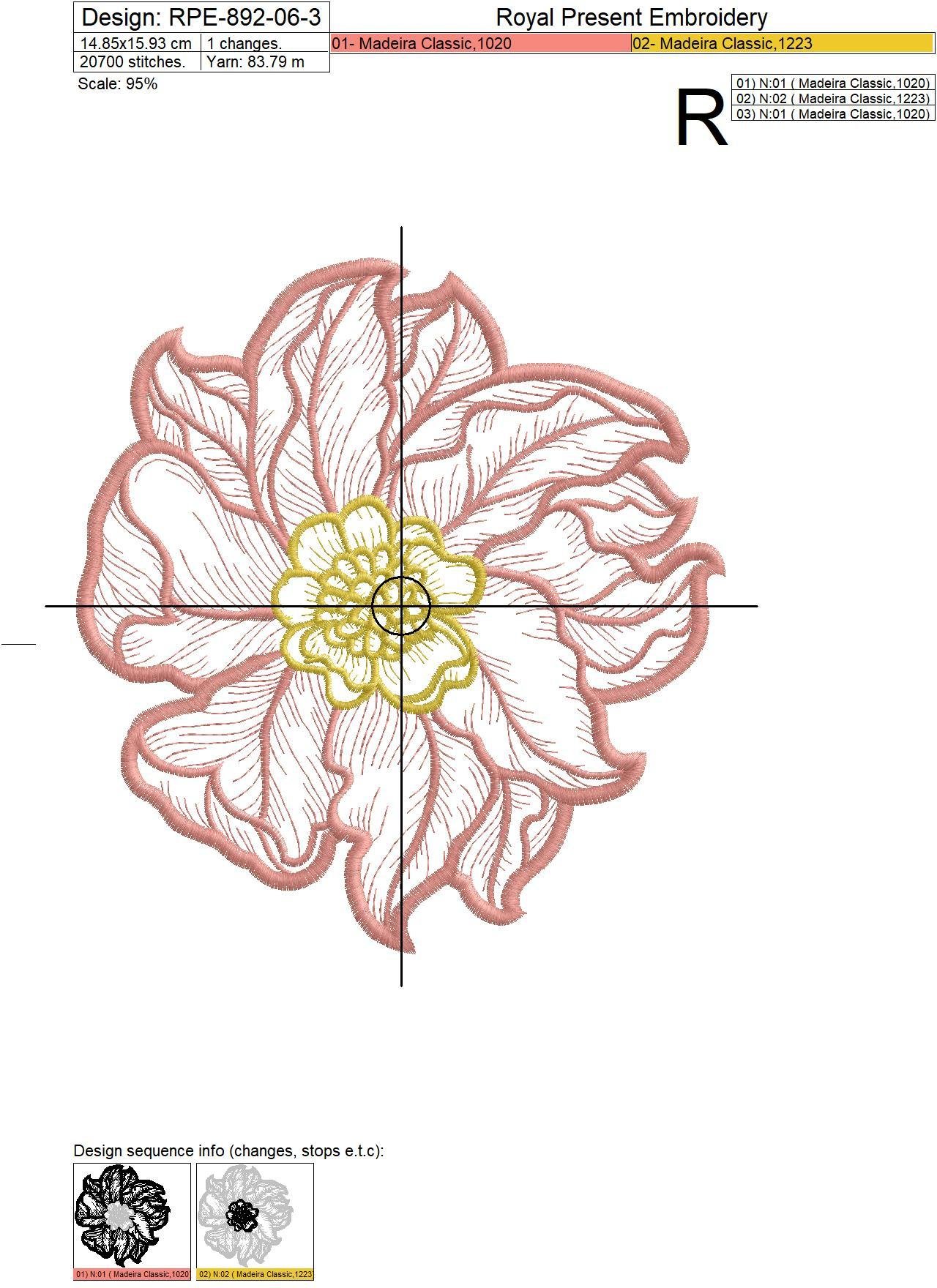 Contour Pink Peony Machine Embroidery Design - 5 sizes