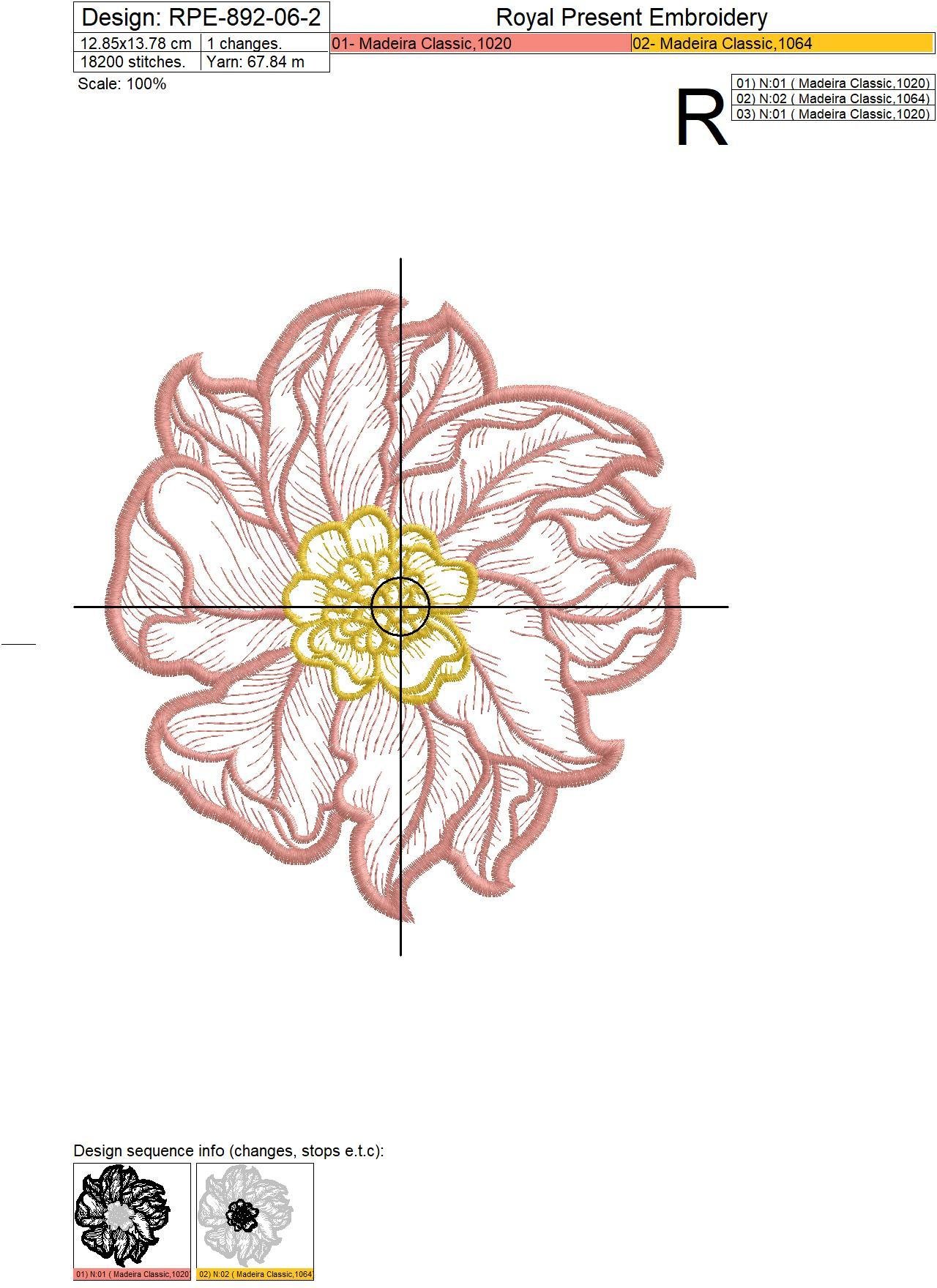 Contour Pink Peony Machine Embroidery Design - 5 sizes