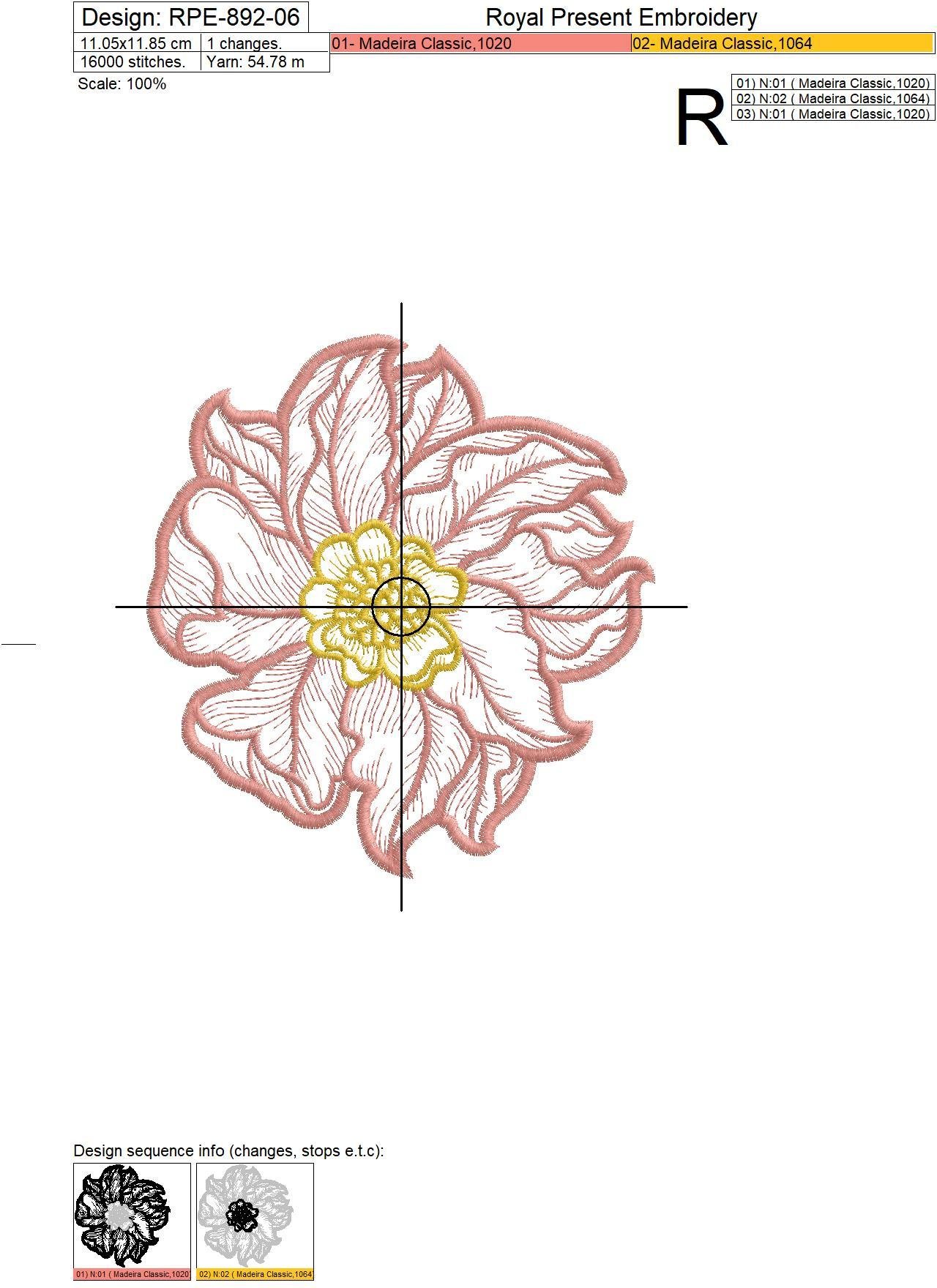 Contour Pink Peony Machine Embroidery Design - 5 sizes