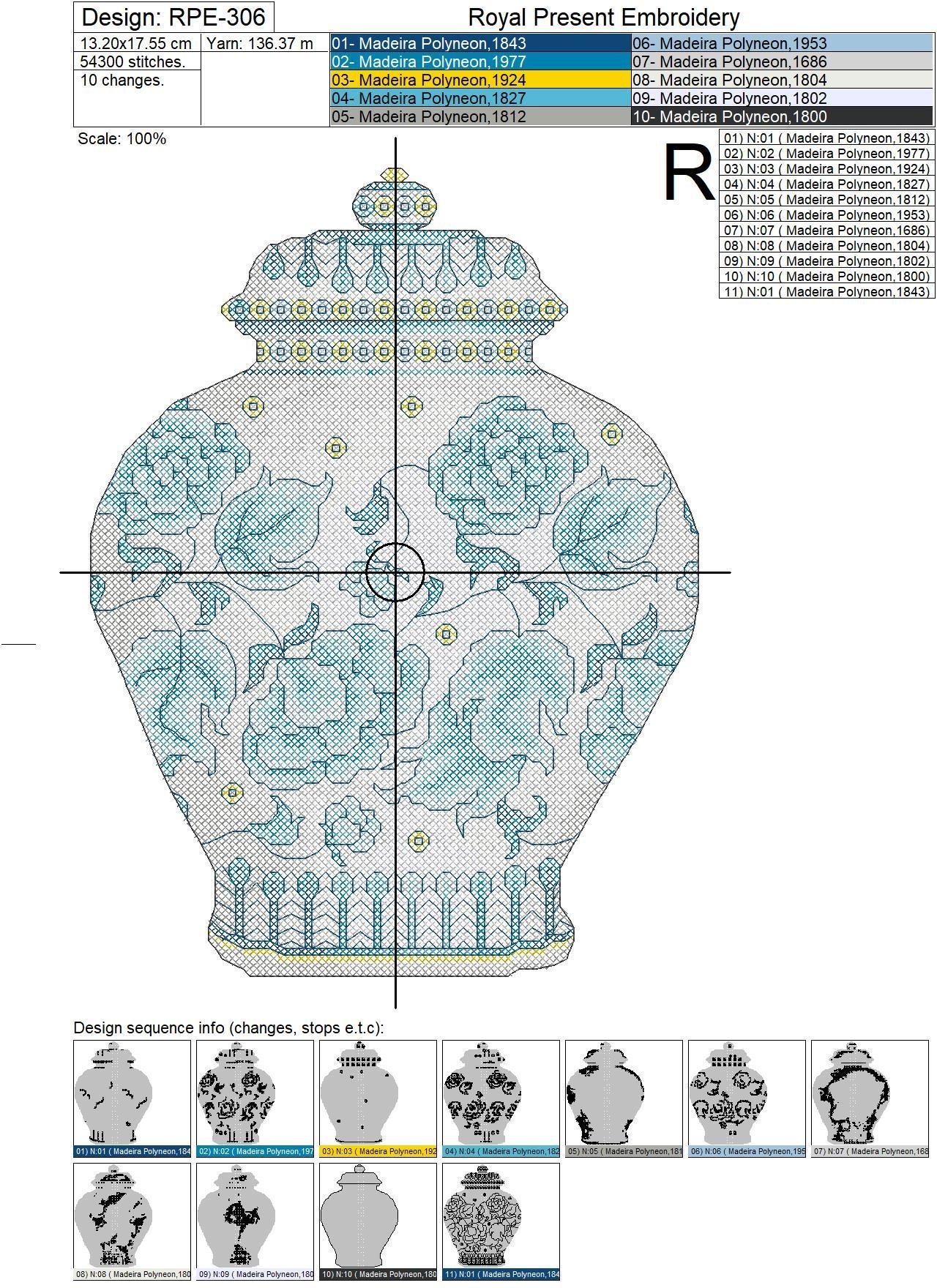 Cross-stitch machine embroidery design Chinese vase