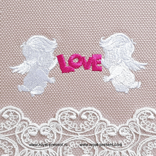 Machine Embroidery Design Silhouette Cupids holding a LOVE Banner RPE-232