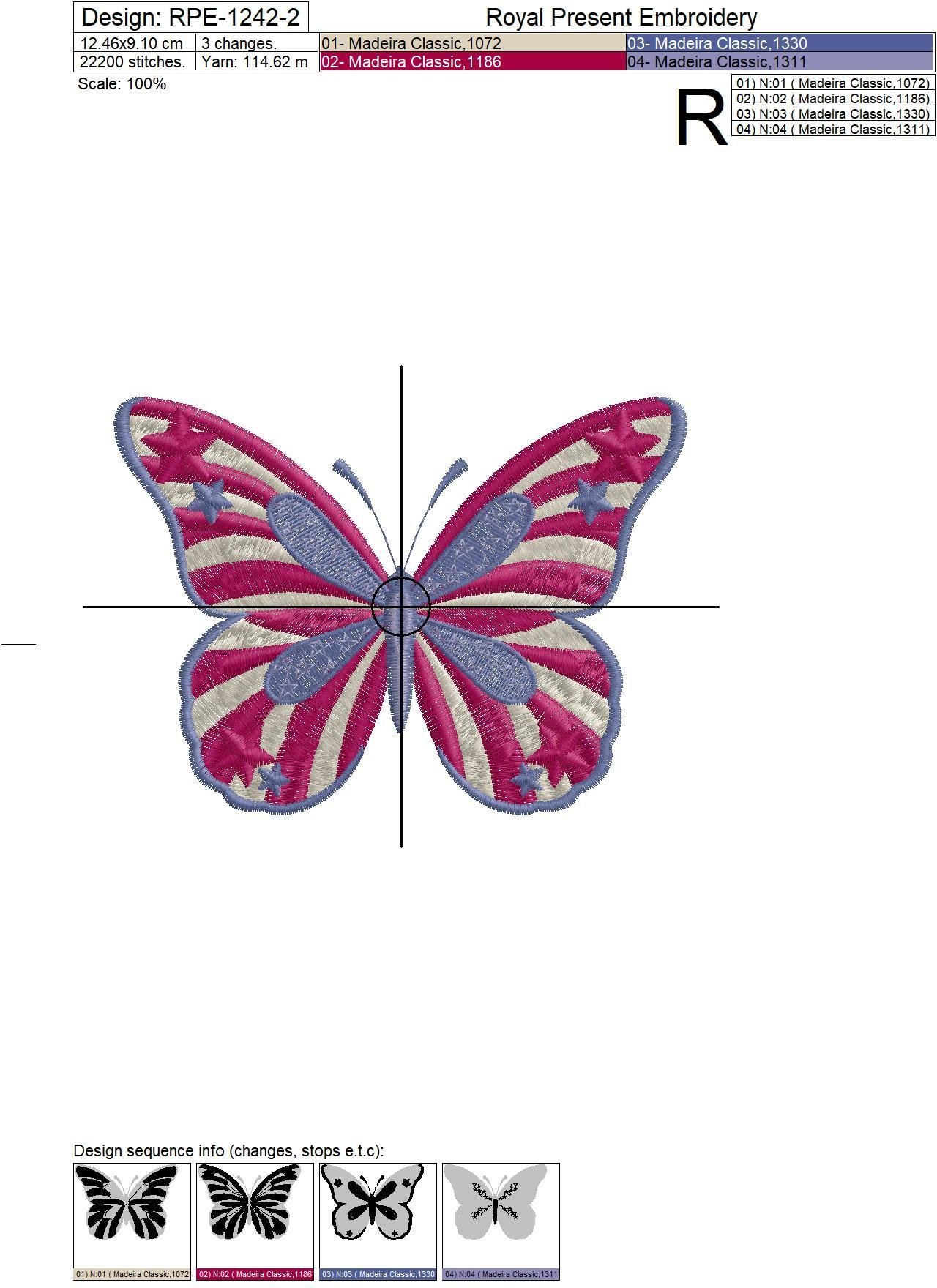 Machine embroidery design USA flag butterfly - 2 sizes