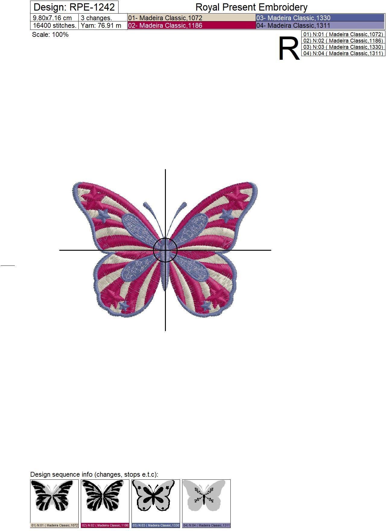 Machine embroidery design USA flag butterfly - 2 sizes