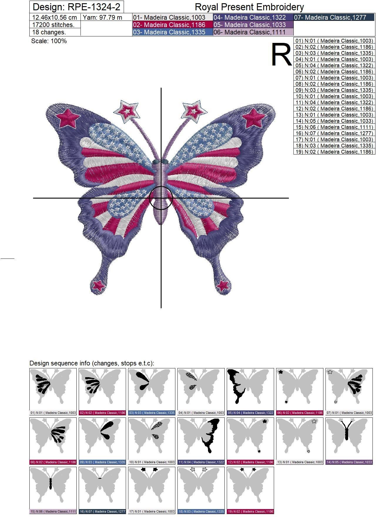USA flag butterfly Machine embroidery design - 2 sizes