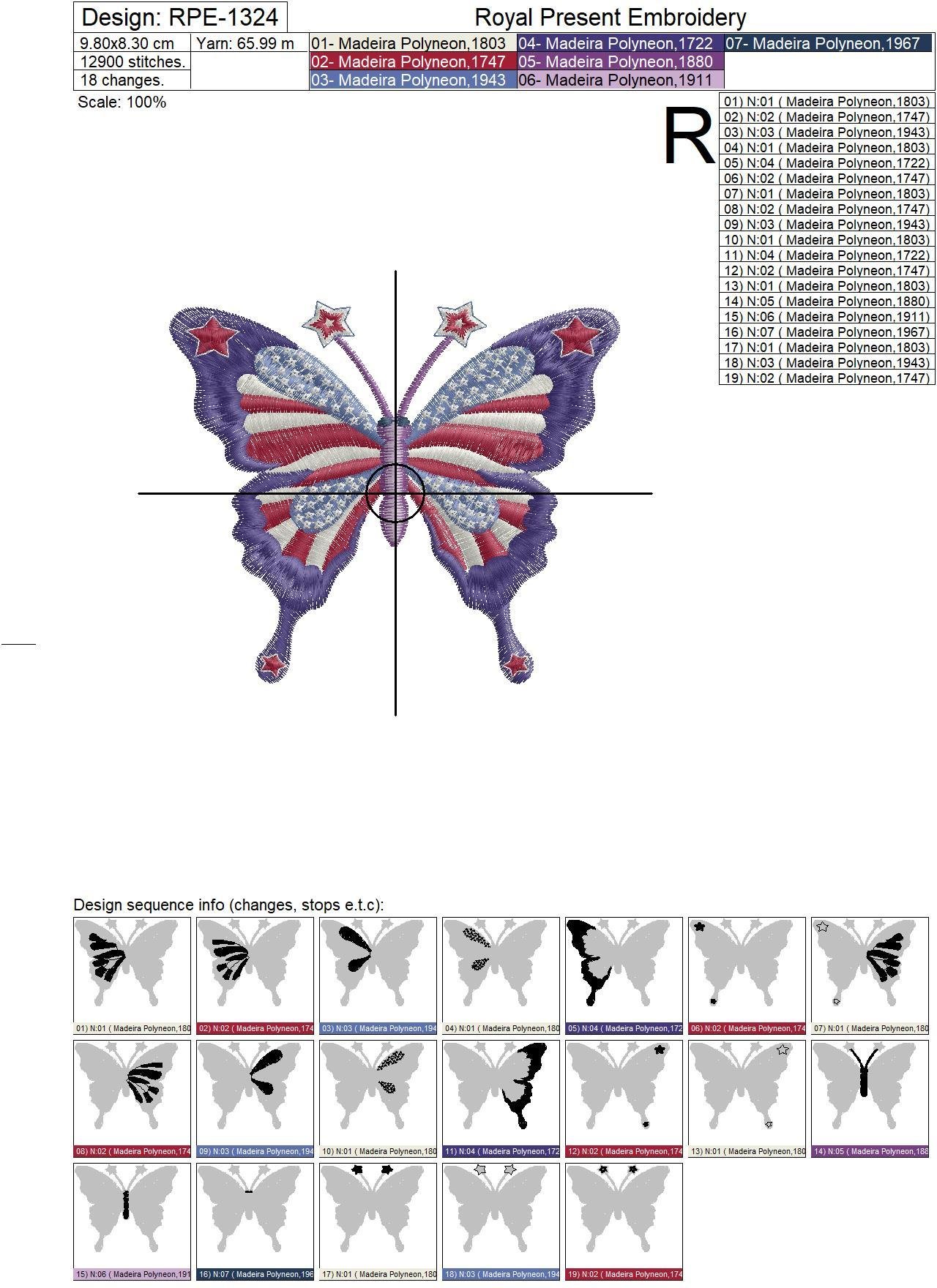 USA flag butterfly Machine embroidery design - 2 sizes