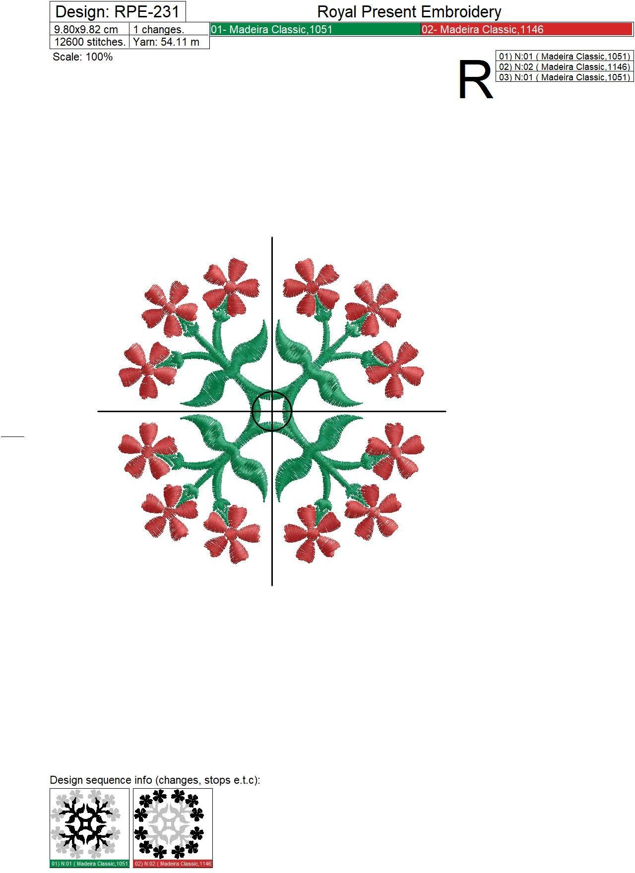 Floral Quilt Block Machine Embroidery Pattern - 2 sizes