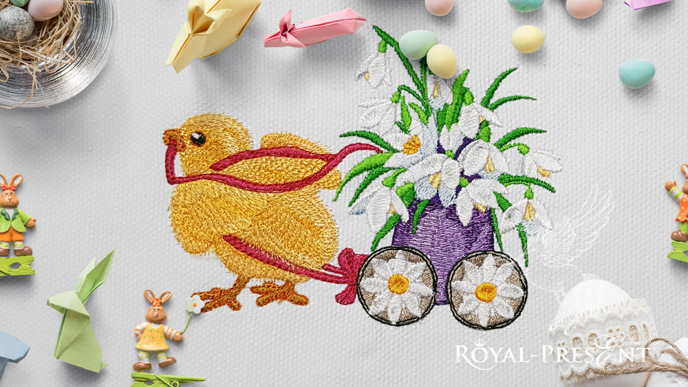 Machine Embroidery Design Easter chicken with snowdrops