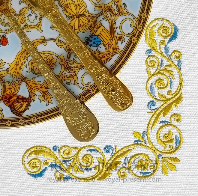 Gold with a blue Corner Machine Embroidery Design - 3 sizes RPE-1374