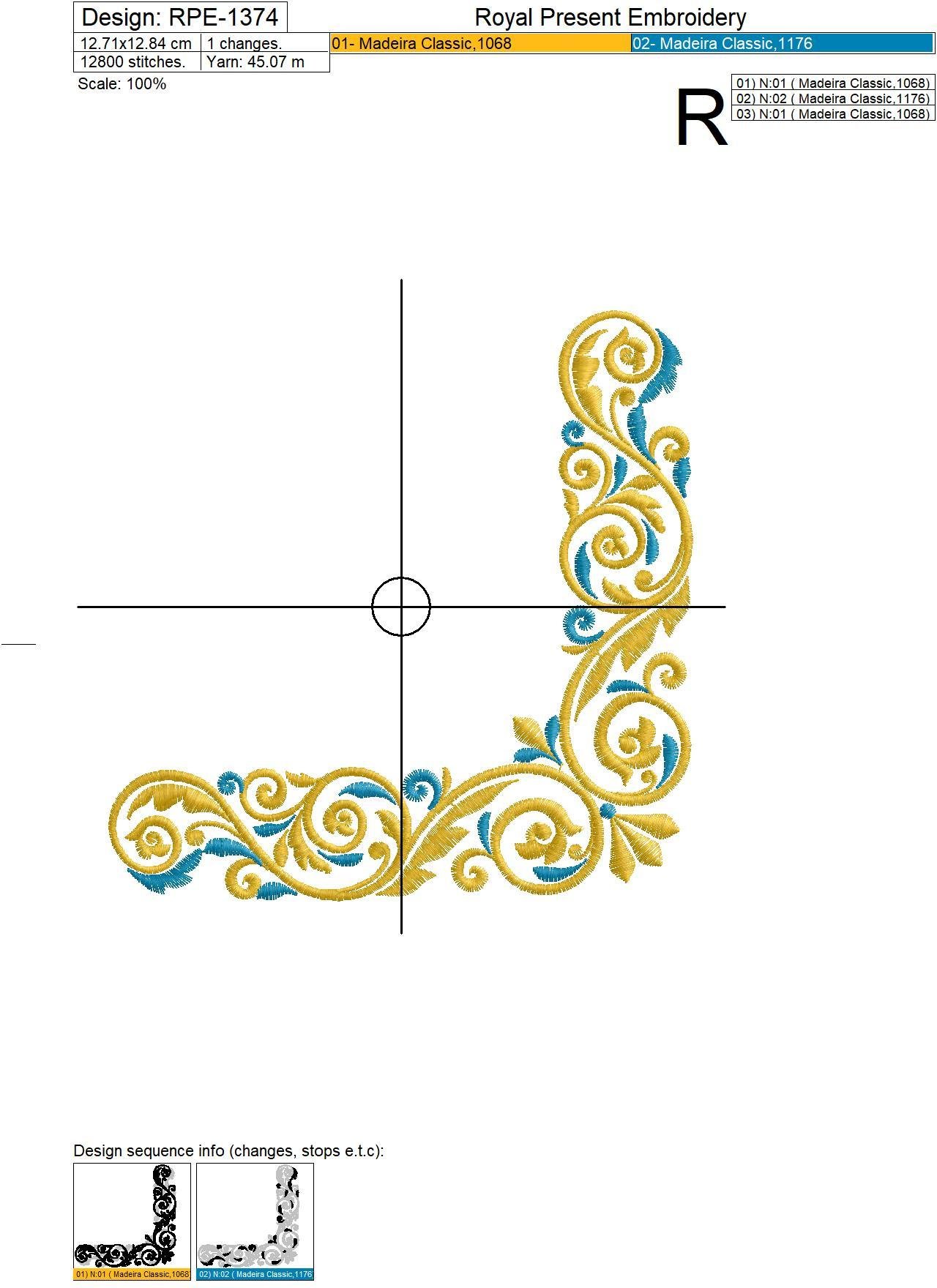 Gold with a blue Corner Machine Embroidery Design - 3 sizes